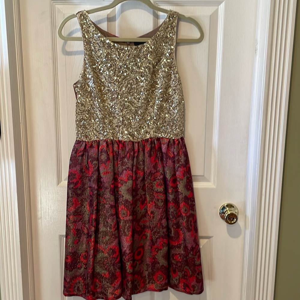 Anthropologie Wren Red & Gold Sequined Dress